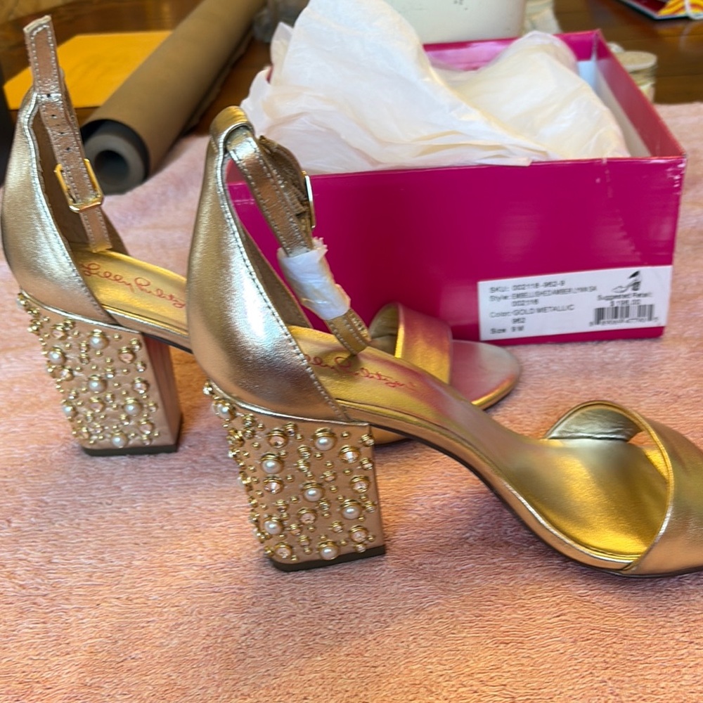 Gold Embellished Heeled Sandals size 9 nwt